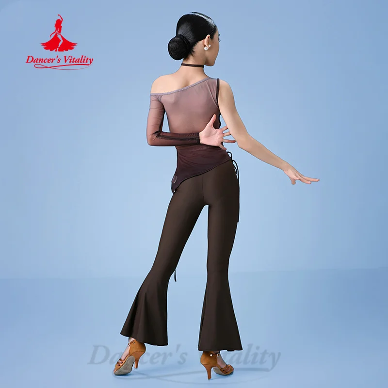 Latin Dance Practice Outfit Sexy Mesh Top+slimming Bell-bottom Trousers Set Adult and Children Tango Samba Rumba Training Suit