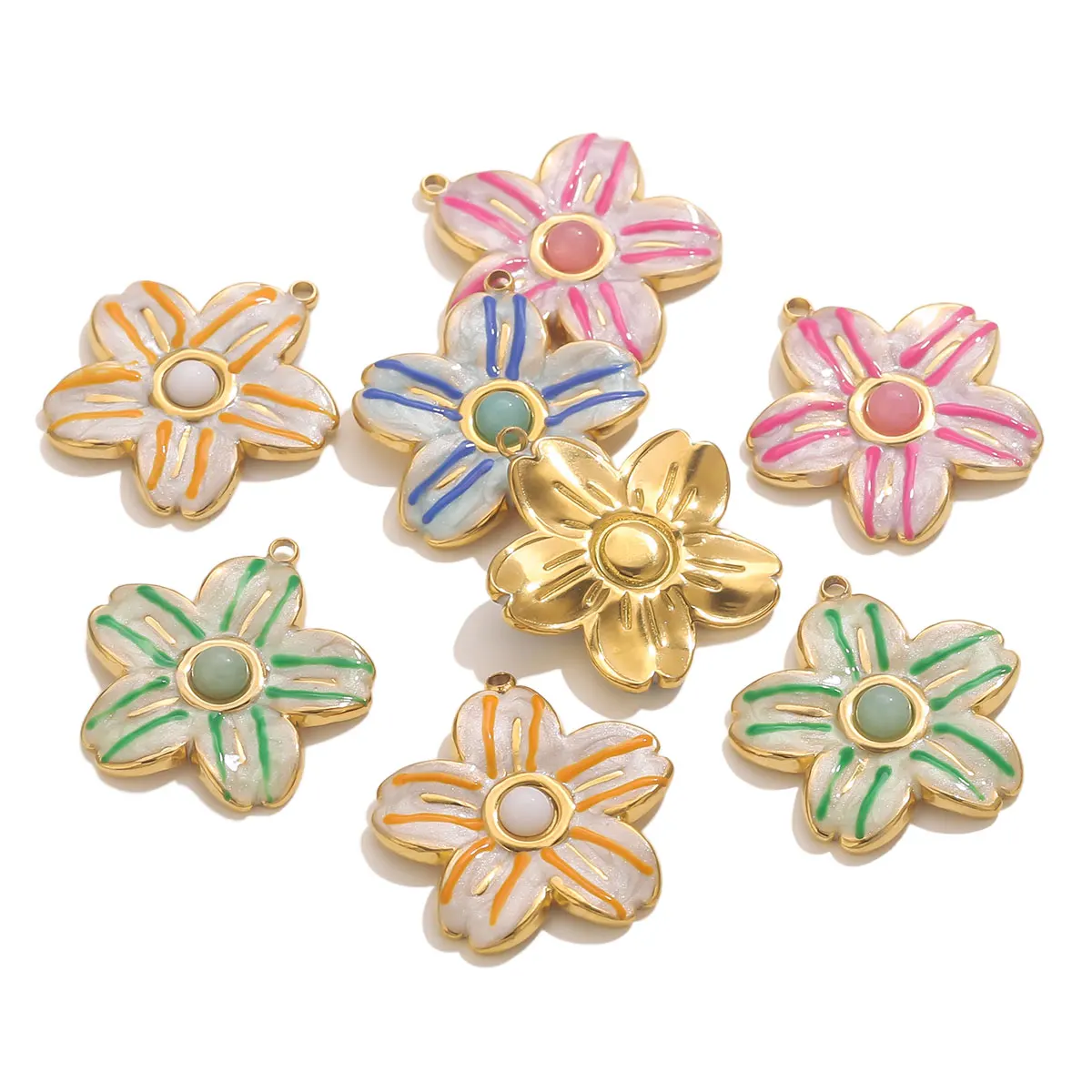 

2PCS Stainless Steel 18K Gold Plated Enamel Flower Pendant DIY Women Lucky Necklace Earrings Fashion Jewelry Accessorie Wholesal
