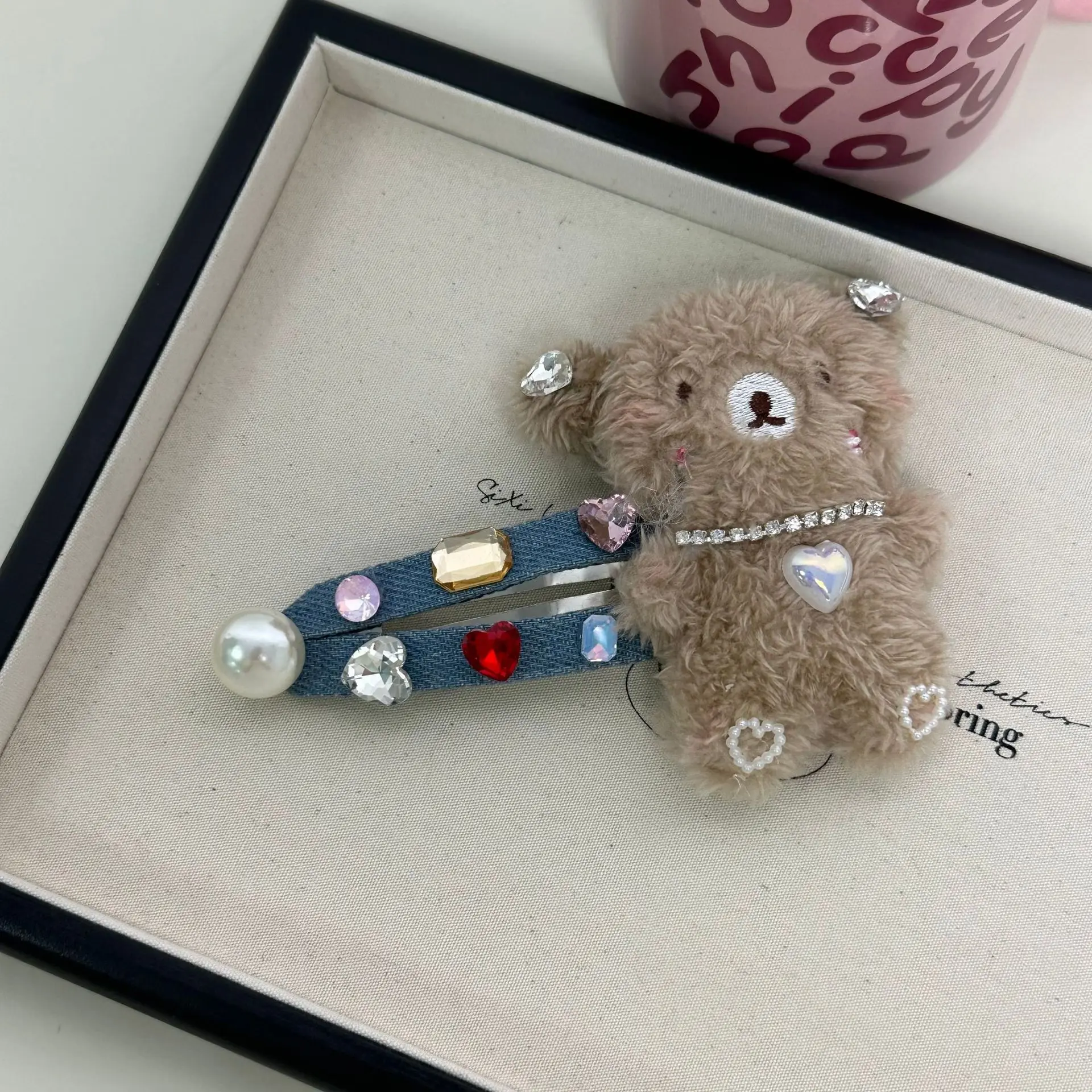 مشبك شعر رعاة البقر على شكل دب أرنب قطيفة لطيف للفتيات، تفاصيل ماسية ملونة، إكسسوار شعر كبير حامض وجميل