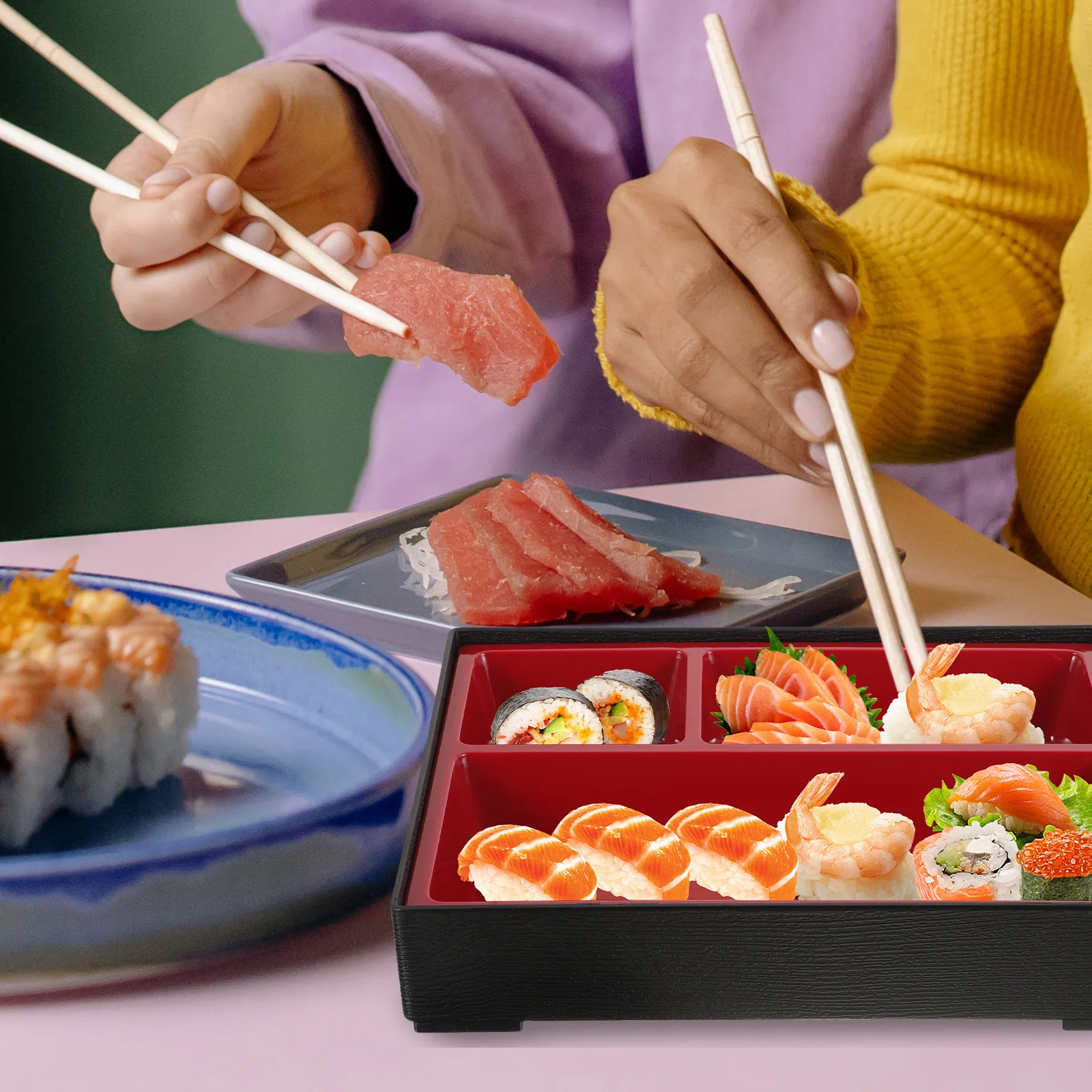 

Bento 3 Compartments Red Pattern Sushi Boxes for Adults Snack Meal Container Japanese Lunch Box Portable Food Box