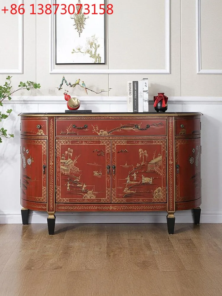 New Chinese Style Solid Wood Entrance Cabinet Ming-Qing Period Painted Character Locker Wall Sideboard Cabinet