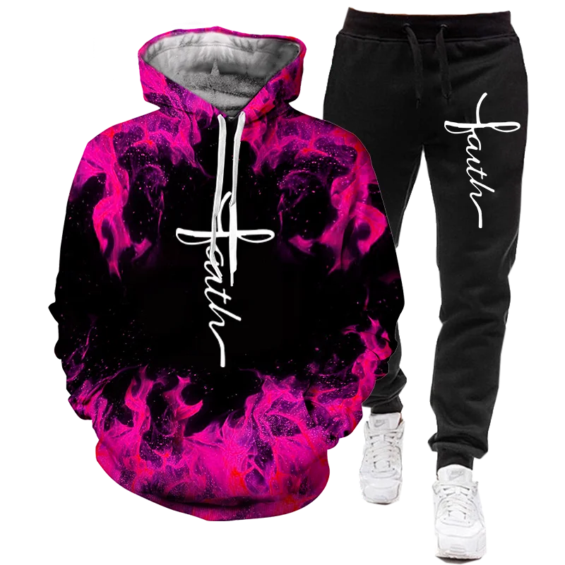 Trendy Faith Printed Men's 3D Hoodie Sweatshirt+Sweatpants Tracksuit Sport Suits Male Fashion 2 Pieces Set Sportswear Streetwear