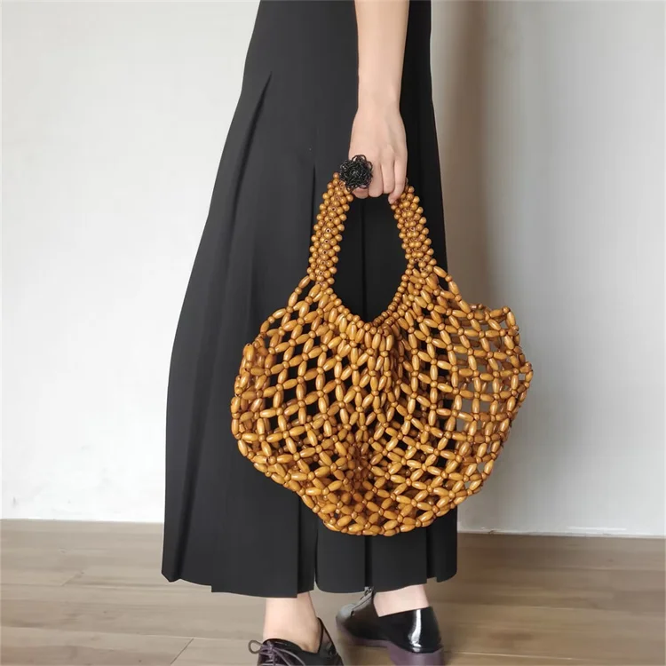 big hollow out  new hand-woven girly natural wood beads handbag retro  beach bags