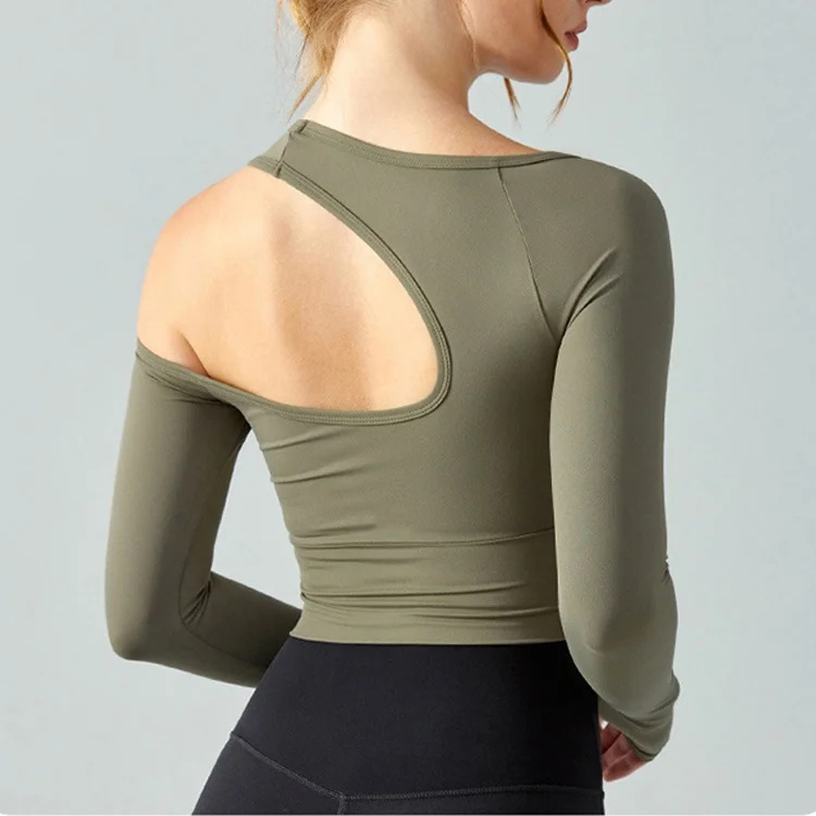 Yoga long sleeve with brand logo women fall/winter top dig shoulder backless T-shirt running fixed cup pullover with thumb hole