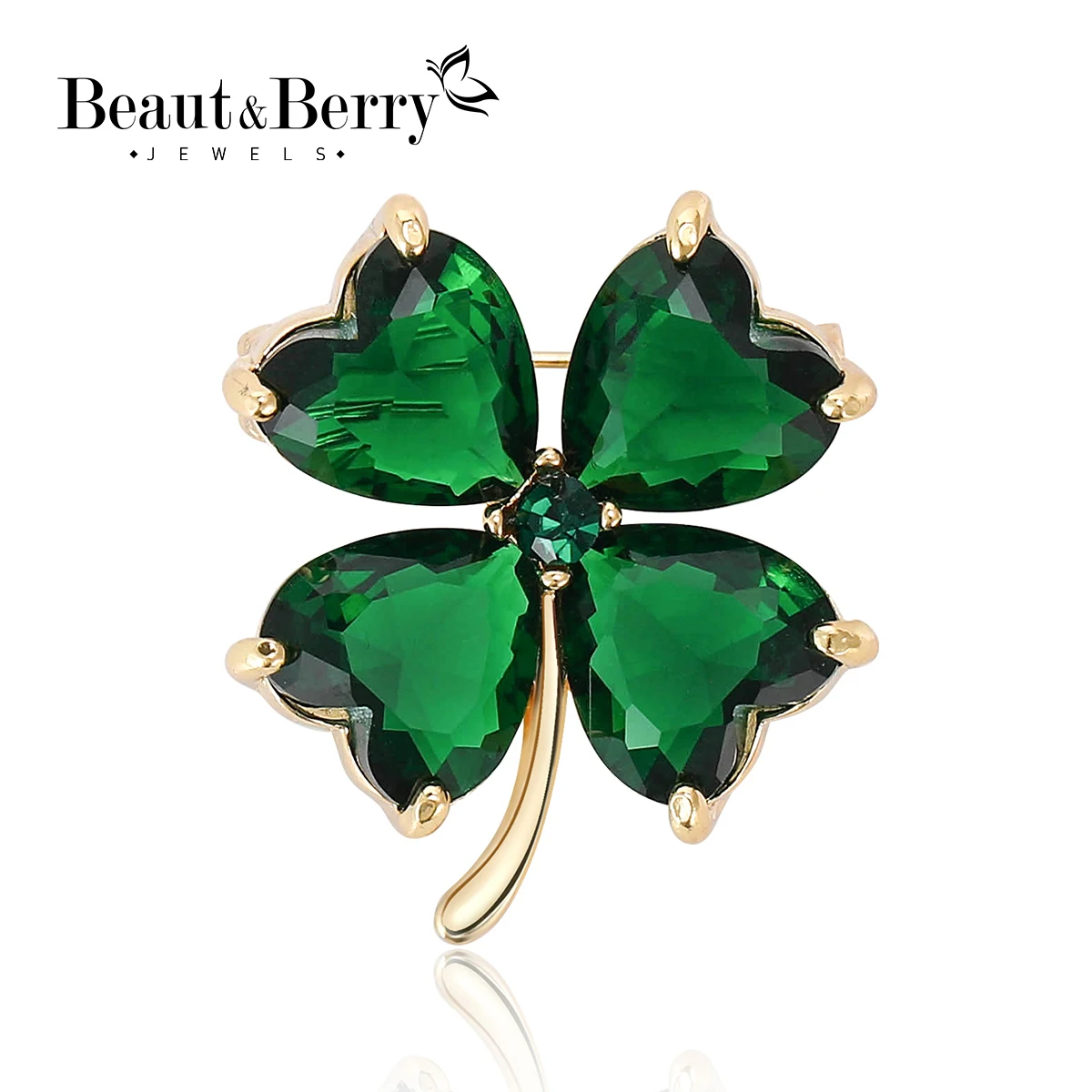 Beaut&Berry Luxury Lucky Four Leaf Clover Brooches for Women Unisex Rhinestone Plant Pins Office Party Jewelry Accessories Gift