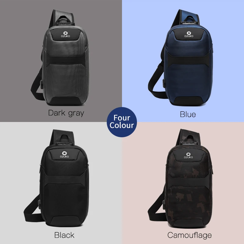 OZUKO  Anti-theft Crossbody Bags Male Waterproof USB Charging Chest Pack Short Trip Messenger Sling Bag Shoulder Chest Bag