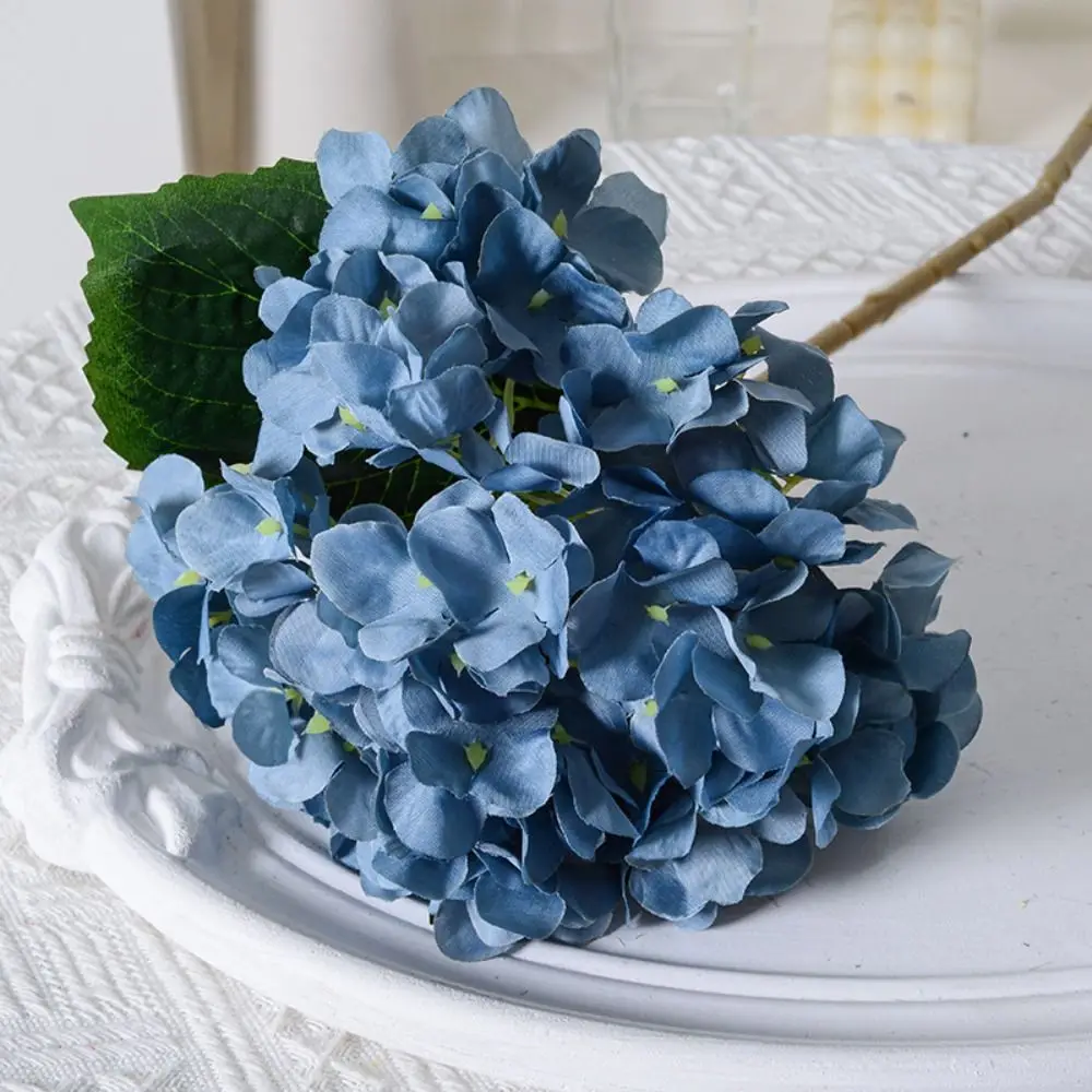 With Leaves 45CM Artificial Hydrangea Colorful Realistic Fake Silk Flowers Blue Home Decor