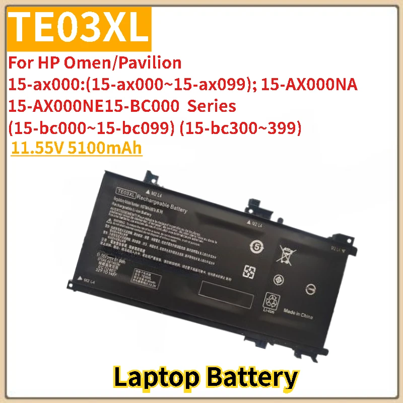 High Quality TE03XL Laptop Battery 11.55V 5100mAh for HP Omen 15-ax000 ax033dx ax210nr ax001ns Pavilion 15-bc000 bc008tx