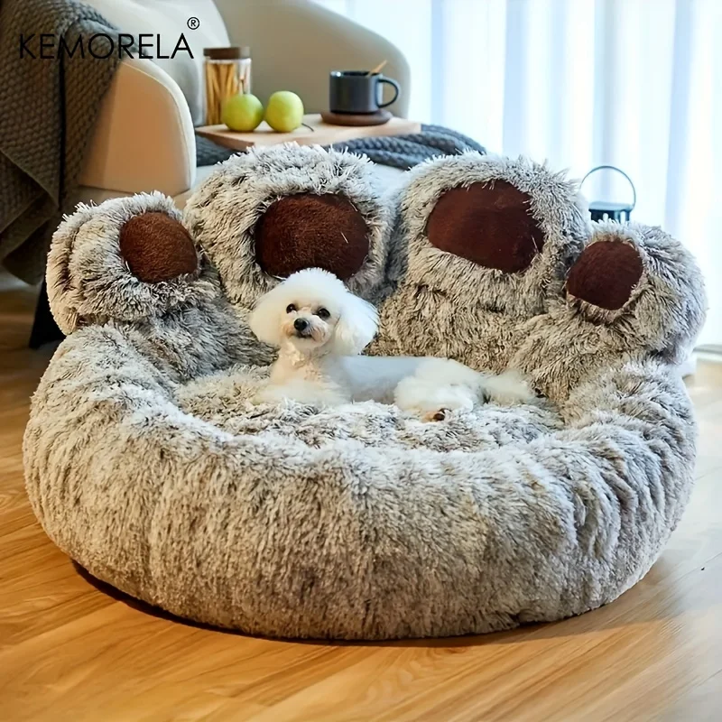 

KEMORELA Creative Bear Paw-Shaped Plush Pet Nest Non-Slip Bottom Design Soft Cat Dog Nest Suitable for Small Pet Cats and Dogs