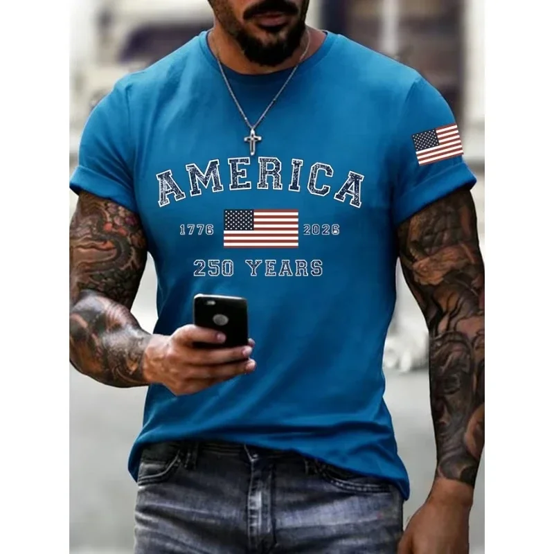America 250 Years Patriotic Mens T Shirt Crew Neck Short Sleeve Flag Graphic Print Red Casual Tee Top Daily Street Wear