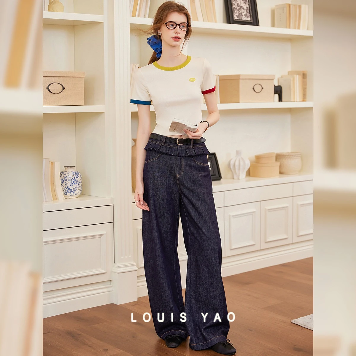 

LOUIS YAO Summer Women's T-shirt Personality Slim T-shirt 2025 Sleeve Collar Color Contrasting Round Neck Short Sleeved T-shirt