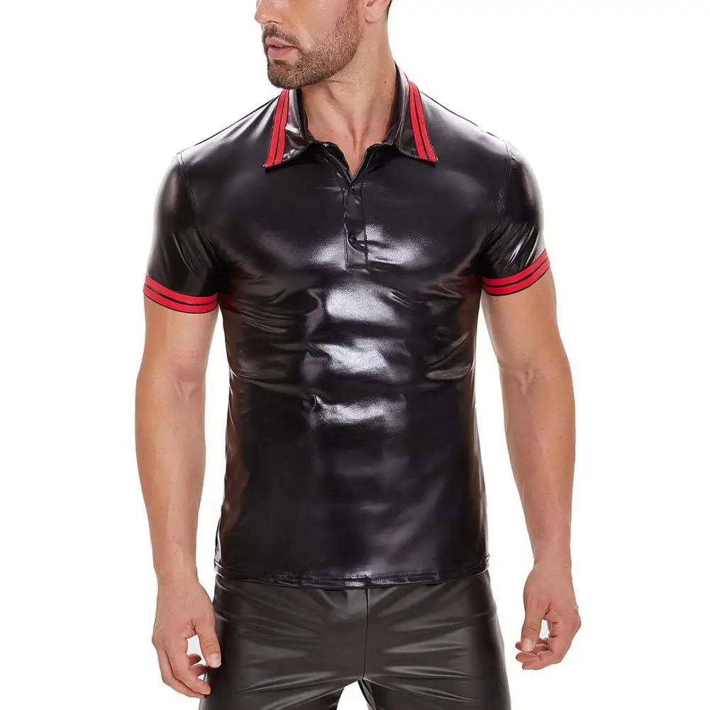 Men Summer Top Turn-down Collar Smooth Faux Leather Short Sleeves Slim Fit Soft Mid Length Club Party Performance shirts for men