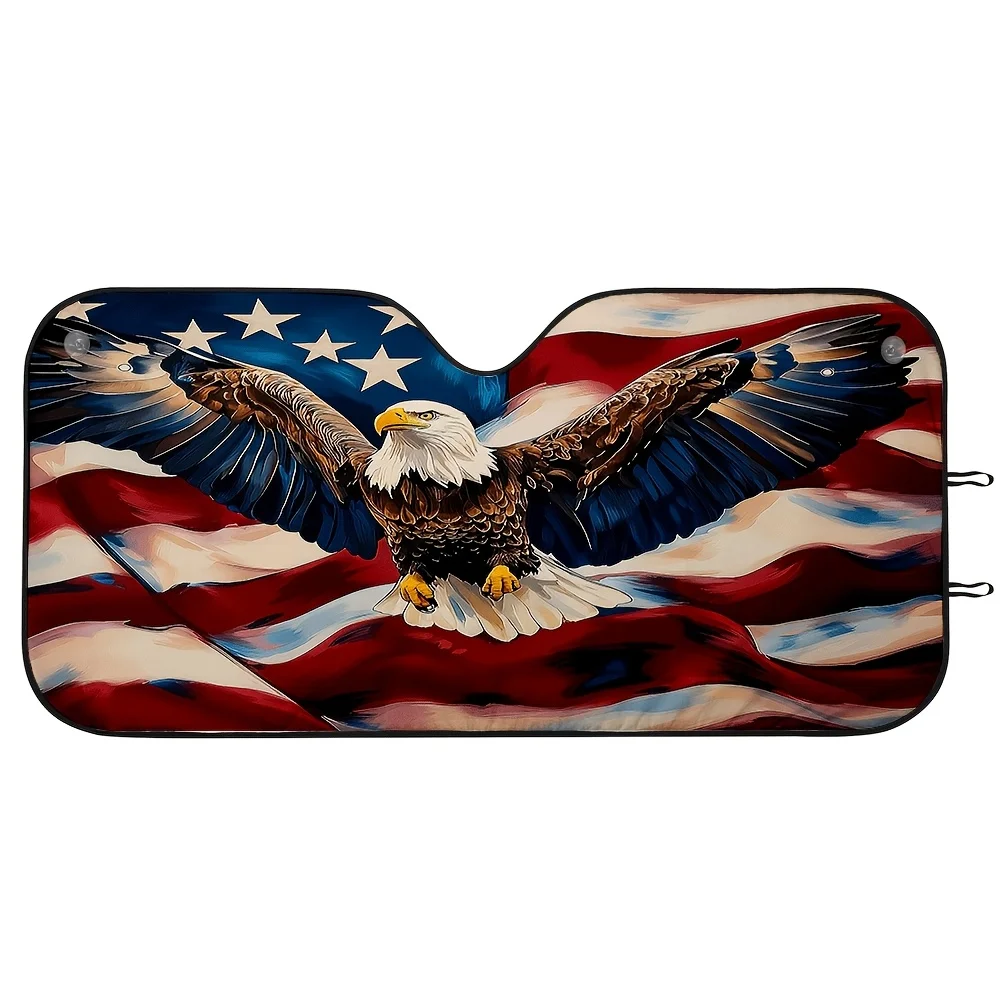 1pc Eagle Spreading Wings Between National Flags Themed Print Pattern Car Front Windshield Sunshade, Foldable Sunshade Mat, Car