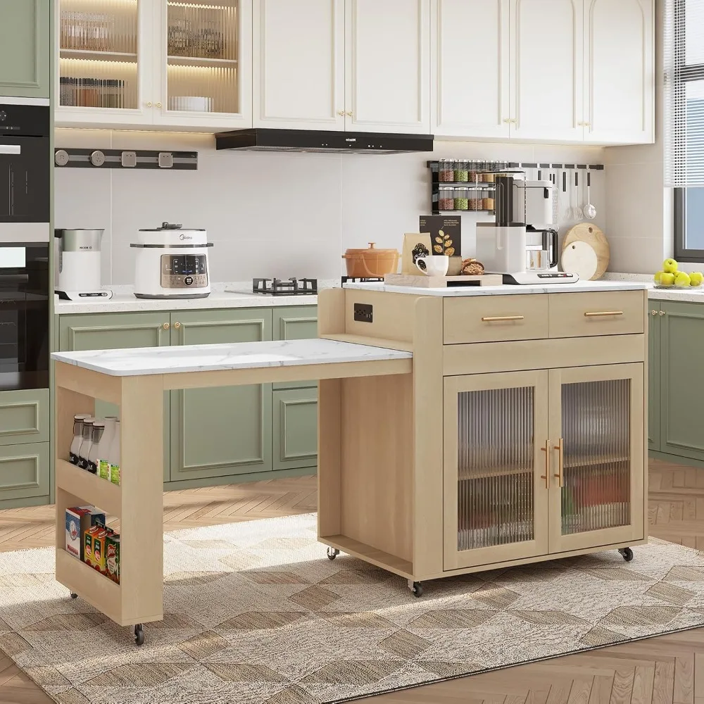 

Kitchen Island with Extendable Dining Table, Marble Grain Top Kitchen Island with Power Outlet, Rolling Kitchen Island Cart on