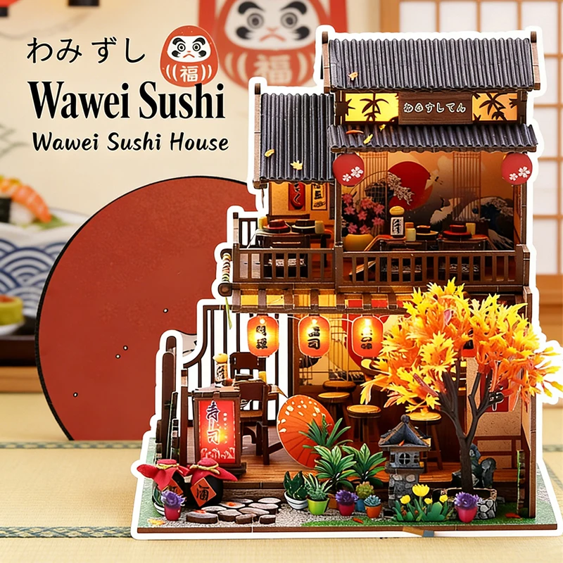 DIY Wooden Japanese Wawei Sushi House Figurines Miniatures Bookend