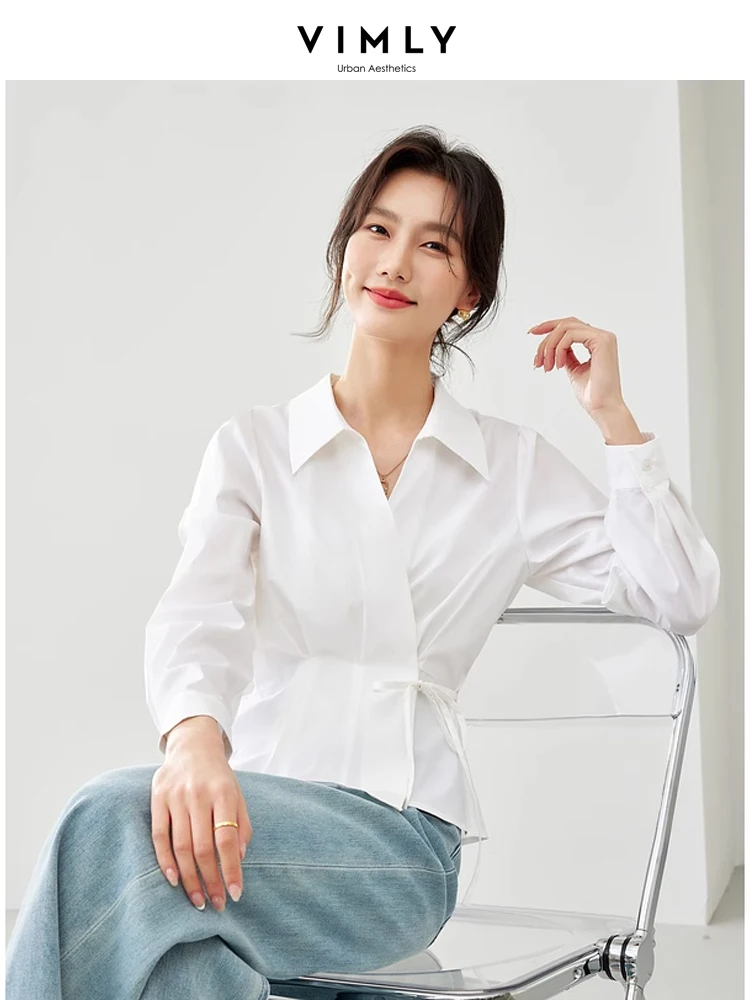 Vimly Spring Simple Lace-up White Shirt Woman 2024 Casual Long Sleeve Top Lapel Puff Sleeve Covered Button Blouse Women M5971