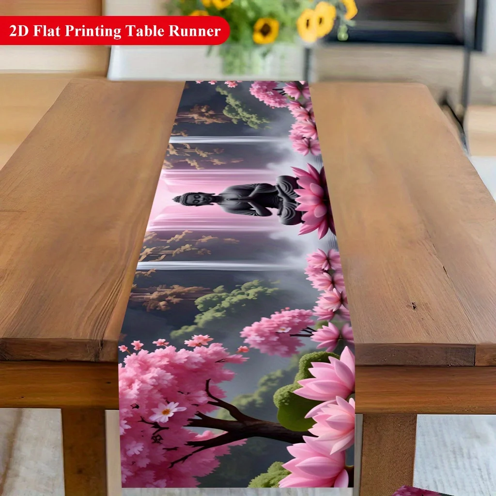 1 Piece of Table Runner Featuring a Buddha Statue and Pink Cherry Blossoms, Suitable for Farmhouse, Indoor, Kitchen, Celebrations, Table Decoration, Restaurant, and Banquet Decoration Supplies