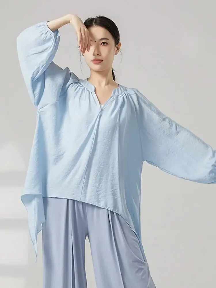

Women Loose Long Sleeve V Neck Dance Shirt Solid Color Top Stage Performance Contemporary Practice Modern Jazz Rehearsal Wear