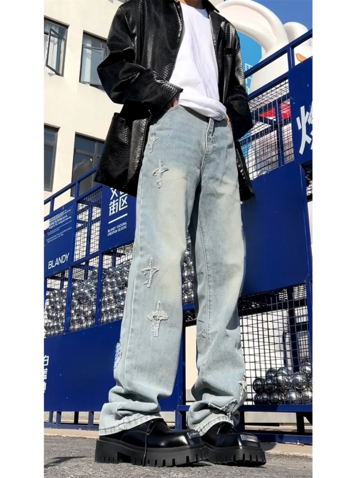 

Slim Straight Men's Jeans Trendy Street Sle High Waist Bootcut Pants Youthful Wear Resistant Casual Long Trousers