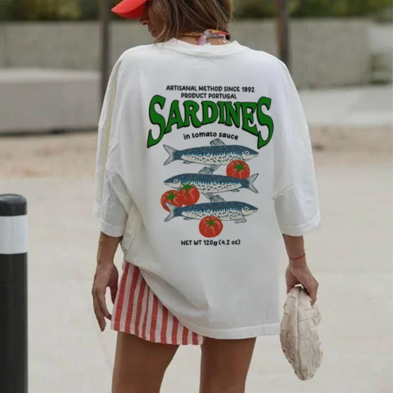 Retro Portugiesische Sardine Grafik T-Shirts Übergroße Y2k Streetwear Ästhetische Frauen T-Shirt Foodie Shirt Baumwolle Unisex Urlaub Tops