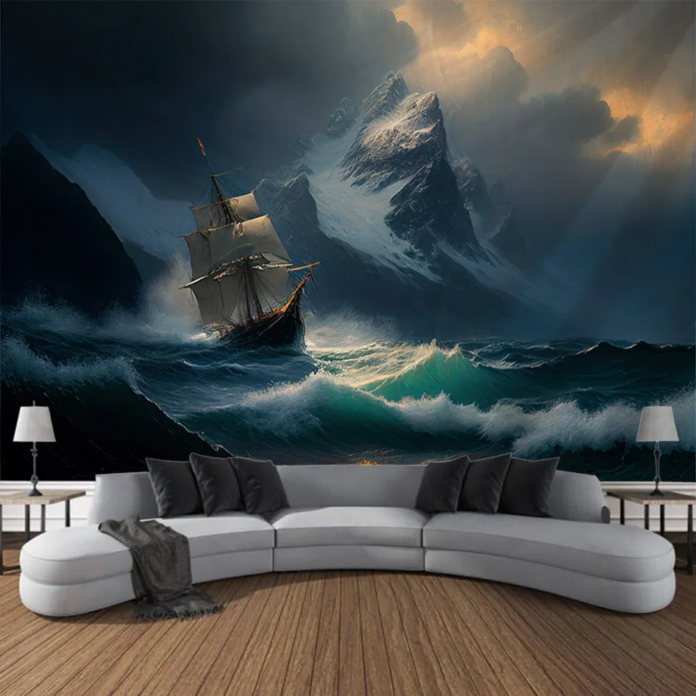 Nautical Landscape Tapestry Retro Pirate Ship Art Wall Hanging Fantasy Aesthetic Decoration Room Art Wall Can Be Customized