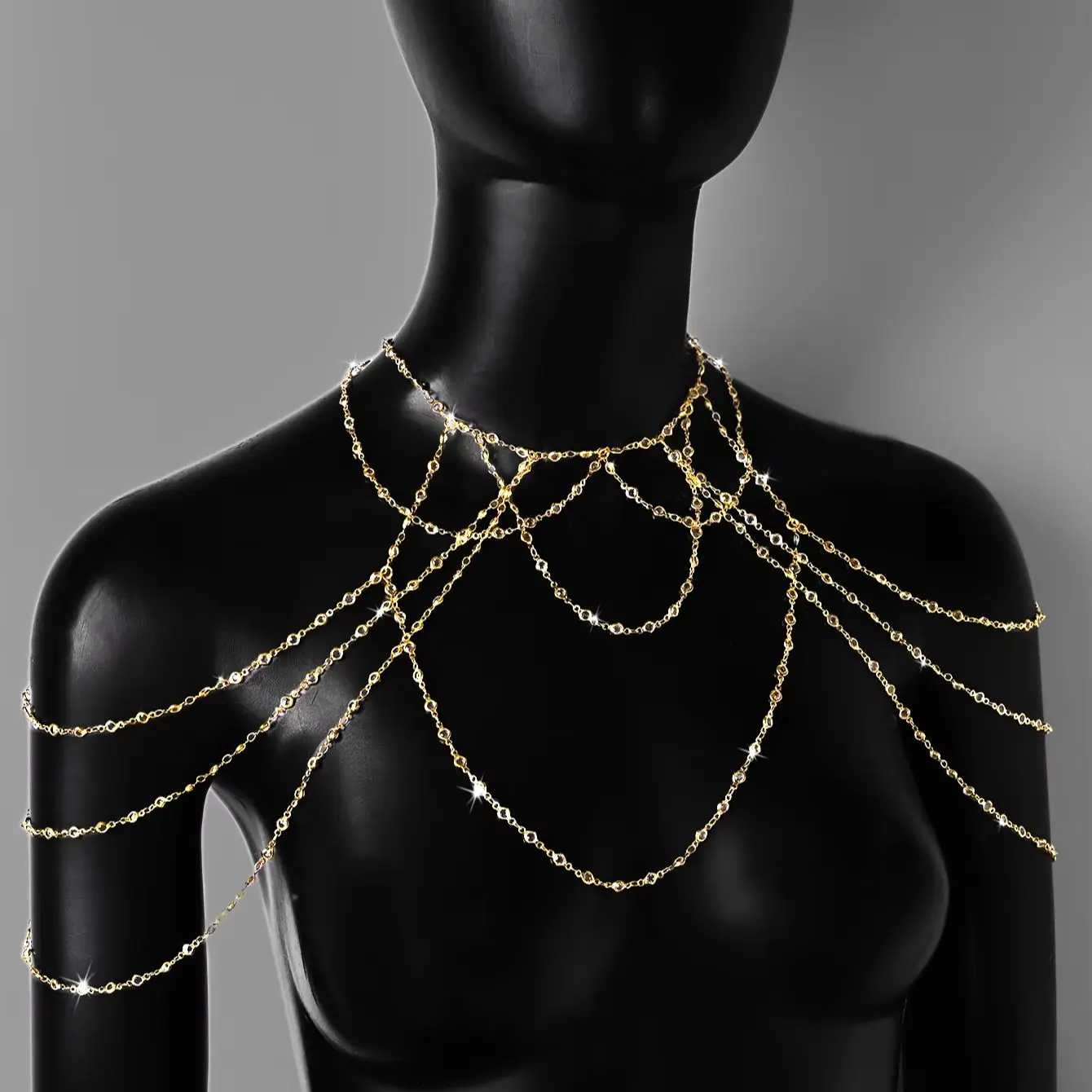 Gold Silver Plated Multi Layer CZ Body Chain with Shoulder Tassel for Women Crystal Bra Chain Jewelry for Party Beach & Festival