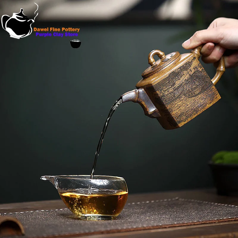 Yixing semi handmade purple clay teapot with dragon bones, Jinsha high-temperature wood fired bamboo teapot