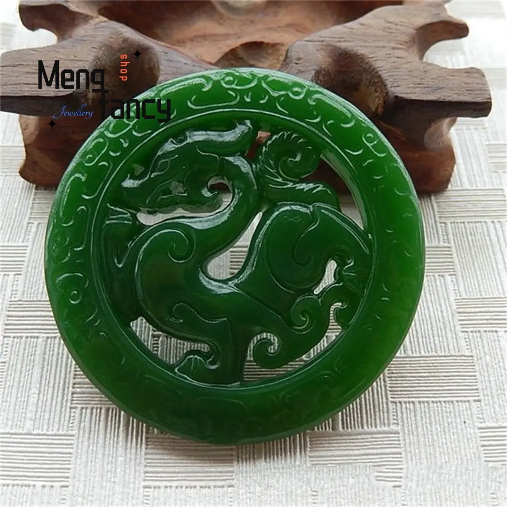 Natural Hetian Jade Hollowed-out Carved Magpie Peace Retro Powerful Zodiac Dragon Pendant Exquisite Fashion Jewelry Holiday Gift