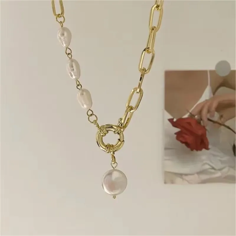 1Pc Imitation Pearl Pendant Necklace for Man and Woman Hip Hop Style Gold Plated Necklace Metal Wind Jewelry image 3