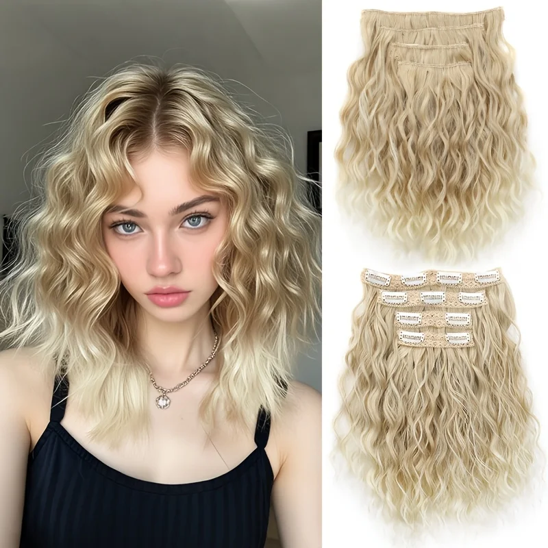 4 Pieces/Set Synthetic Clip In Hair Extensions Short Water Ripple Hair Pieces Soft Fluffy Curly Wig Fashion Hair Accessories