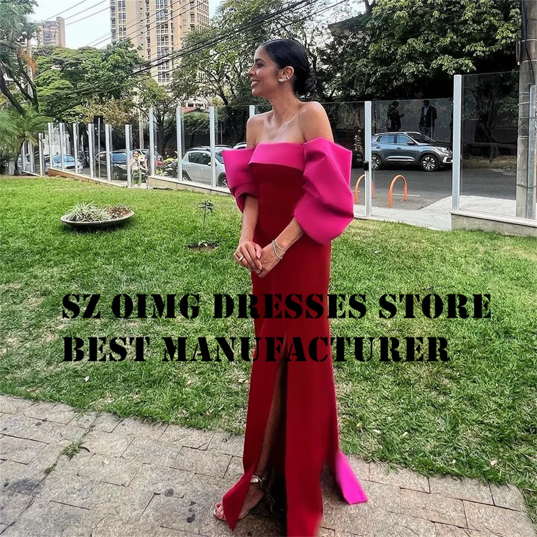 

OIMG Elegant Simple Satin Prom Dresses Red Pink Off the Shoulder Short Sleeves A-Line Women Evening Gowns Formal Party Dress