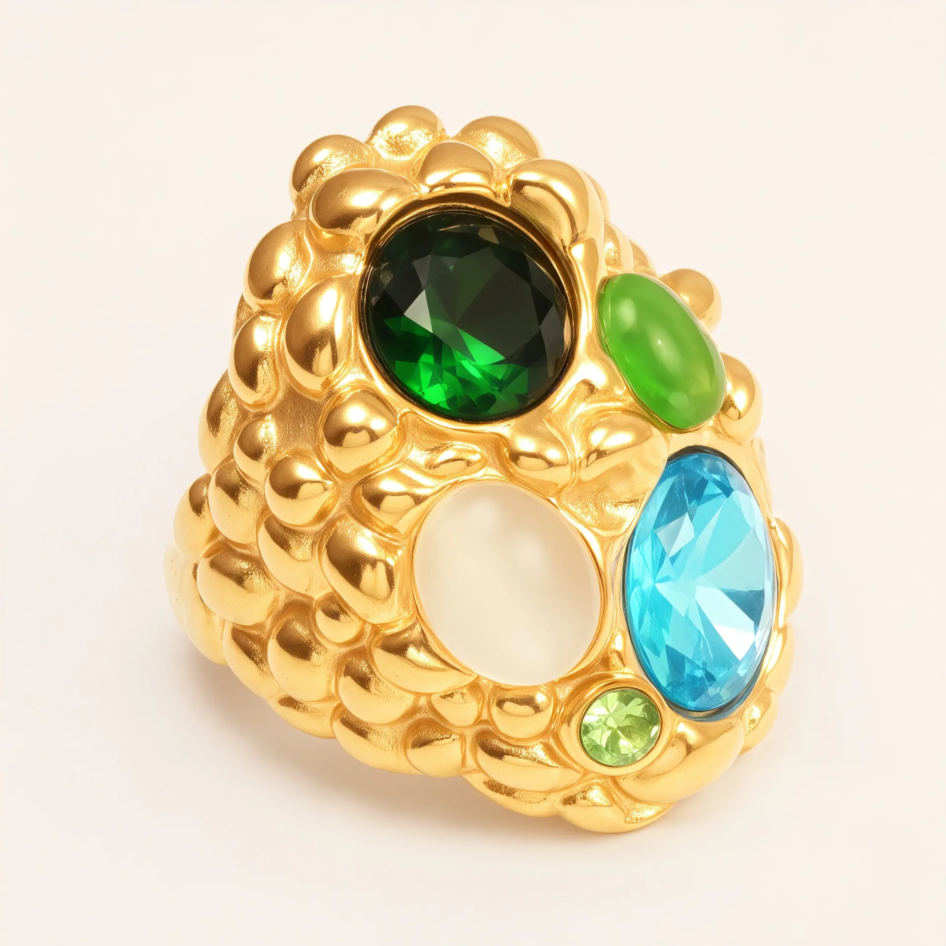 316L Stainless Steel 18K Gold Plated Irregular Concave Convex Textured Ring Multi Color Gemstone Inlaid Chunky StatementJewelry
