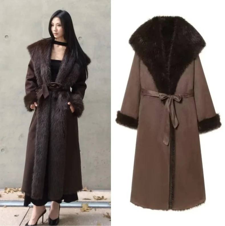 

2025 женское зимнее толстое теплое длинное пальто из искусственного меха с поясом и лацканами, модная верхняя одежда благородного темперамента