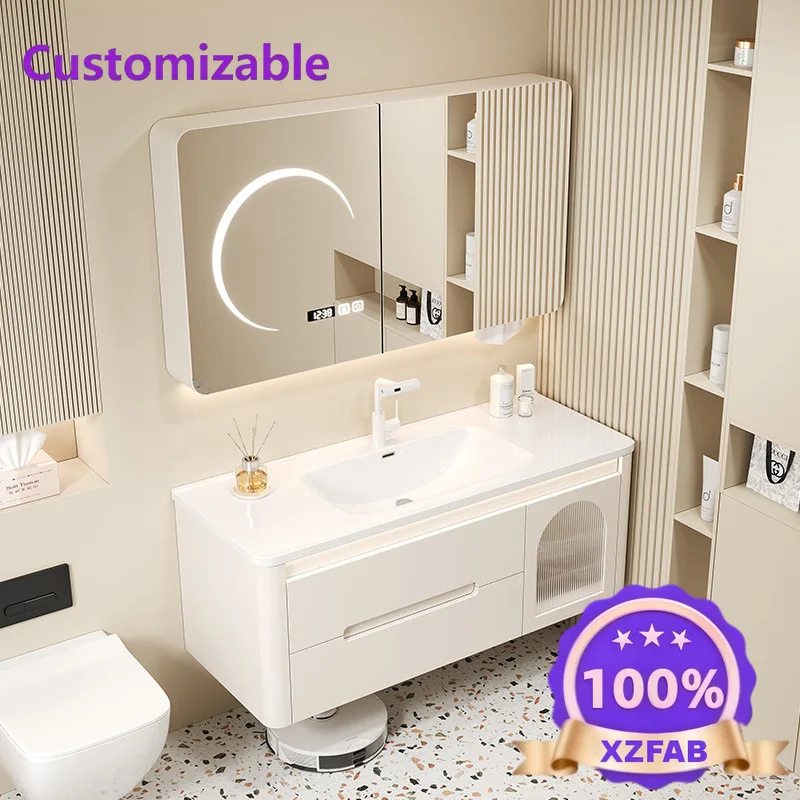 Factory Direct 2026 Modern Oak Bathroom Cabinet Ceramic Bathroom Combination Cream Rounded Corners Integrated Smart Hand Wash