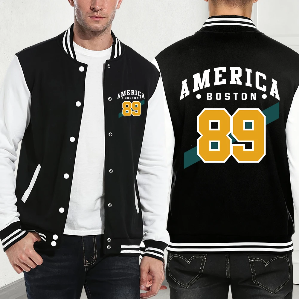 

Американский Бостон 89, куртки с принтом, мужские осенние свободные бейсбольные майки, повседневные удобные пальто, базовая флисовая теплая одежда с карманами