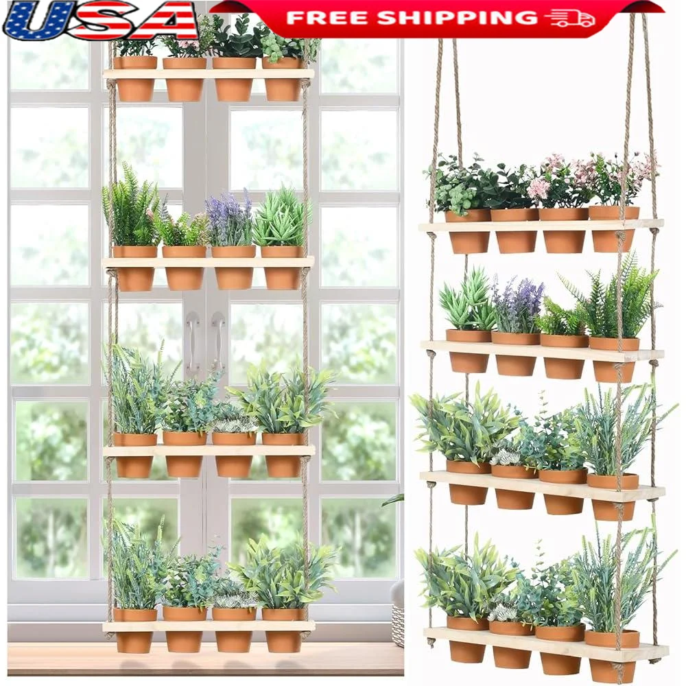 

4 Tiered Hanging Plant Shelf with 16 Flower Pots Indoor Herb Planter Window Display Vertical Garden Rustic Wooden Planter Hanger
