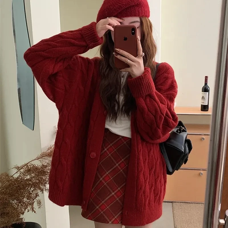 

Korean Fashion Female Red Knitted Cardigan Sweater Lazy Wind Loose Cardigans Coat Spring Autumn Casual Thicken Sweater Jacket