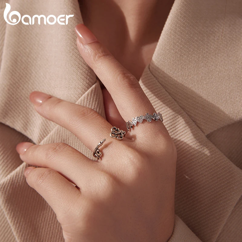 Bamoer 925 فضة مفتاح حلقة مفتوحة نمط خمر جوفاء قفل لامعة الدائري الأصلي للنساء هدية خرافية سحرية #3