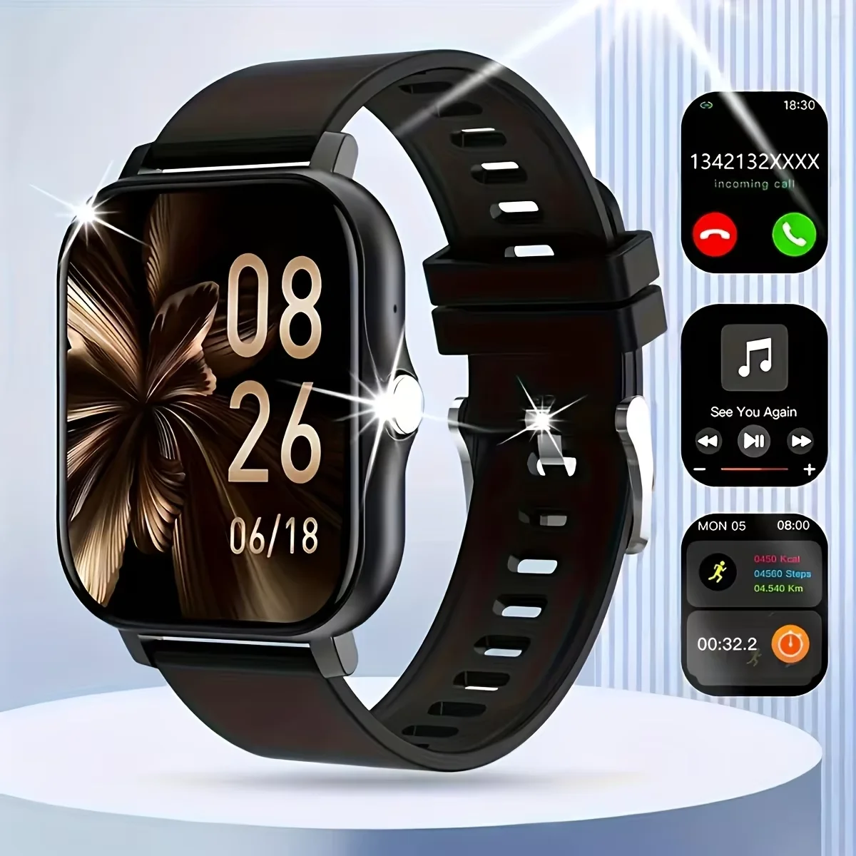 HD touch unisex watch, custom strap, wireless calls, multi-sport, app alerts, sleek design for iPhone & Android daily wear
