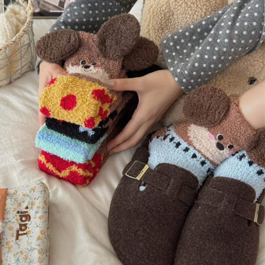 1 pair of fluffy winter cartoon three-dimensional ears embroidered coral fleece socks floor socks thickened puppy pattern socks