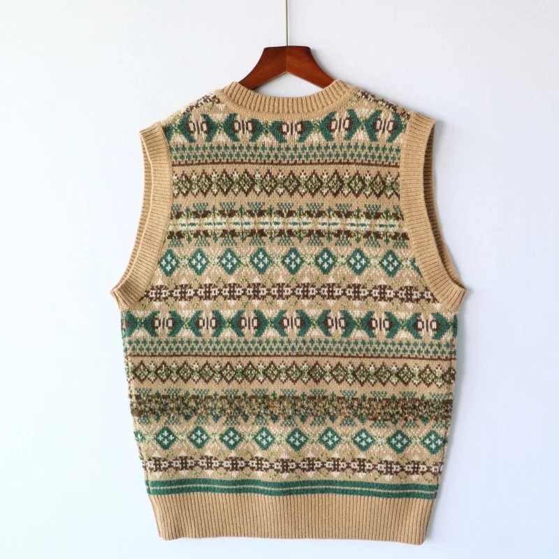 Men's Wool Knitted Vest Thickened Geometric Color Block Warmth Autumn Winter New Style Fair Isle Knitted V Neck Casual Wear