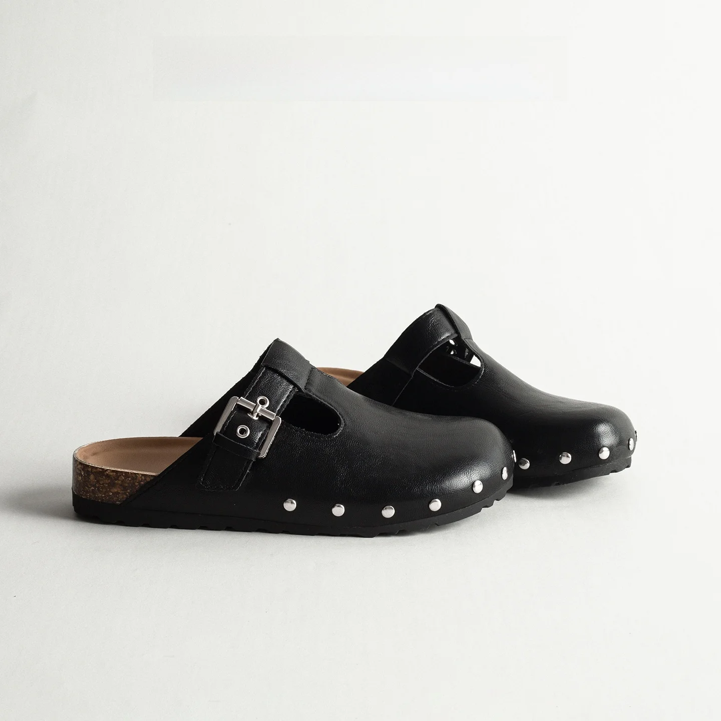 Genuine Leather Rivet Toe Mules Women's Slip-On Summer Casual Flats round Toe Flat Heel Single Color Rubber Outsole