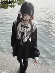 Y2k ästhetische Bluse Frauen japanische kawaii Spitze Patchwork Gothic Shirt Harajuku süße Damen Top Lolita Blusas Femme Camisas