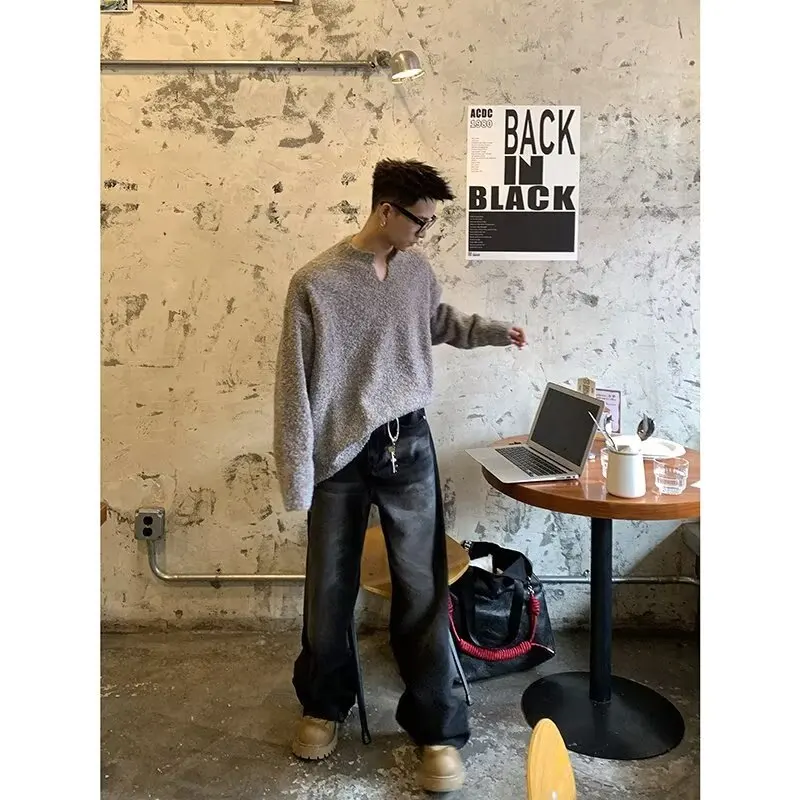 أزياء الخريف/الشتاء بالإضافة إلى حجم البلوز الخامس الرقبة طويلة الأكمام البلوز فضفاضة محبوك سترة الرجال #4