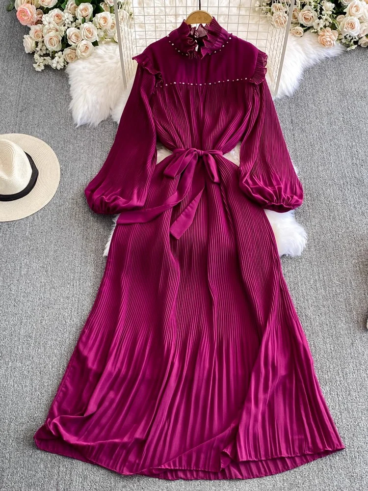 

Autumn Women Red/Purple/Green/White Draped Pleated Long Dress Vintage Female Elegant Ruffle Collar Puff Sleeve Casual Robe 2024