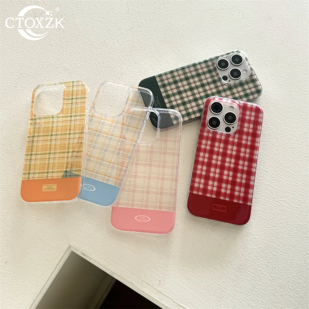 Korea INS Cute Dopamine Color Block Match Plaid Clear Phone Case For iPhone 16 15 14 13 Pro Max Tartan Soft Silicone Back Cover