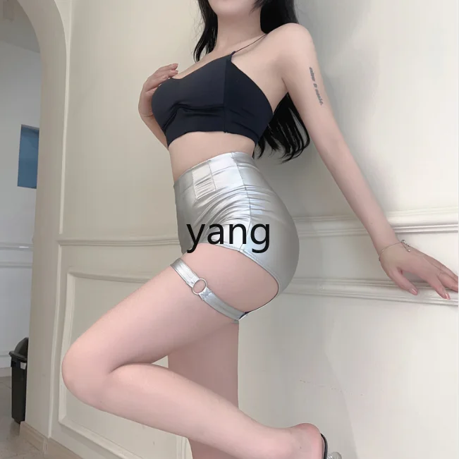 LMM iron ring hip-wrapped hot pants new hollow elastic leather pants shorts women