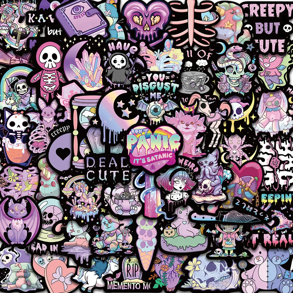 

56pcs Cute Cat Gothic Horror Stickers Halloween Aesthetic Skull Cartoon Kawaii Decals Kids Notebook Laptop Guitar Sticker Toy