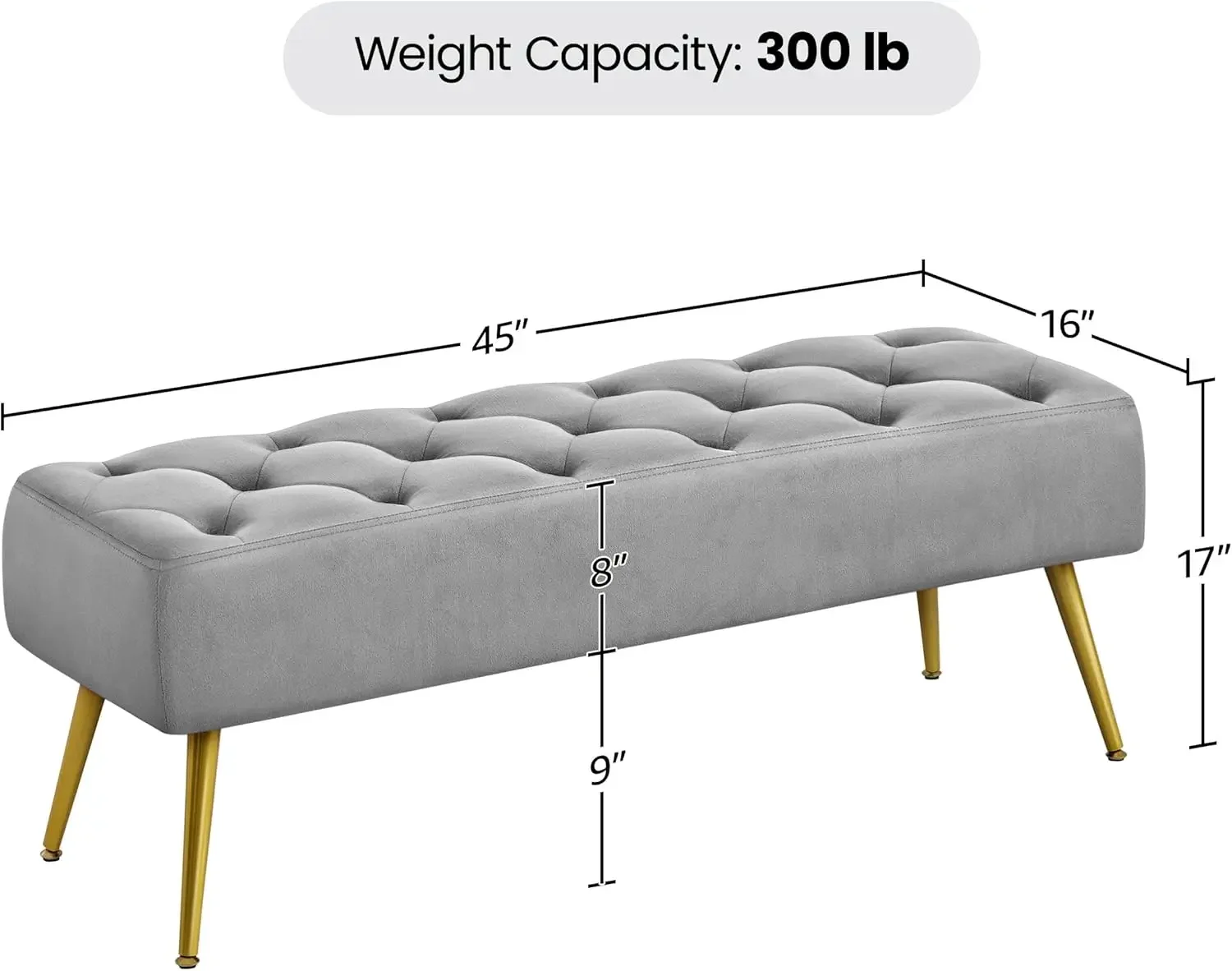 Modern Ottoman Bench Velvet Bench Upholstered Footrest with Gold Metal Legs and Padded Seat Gray