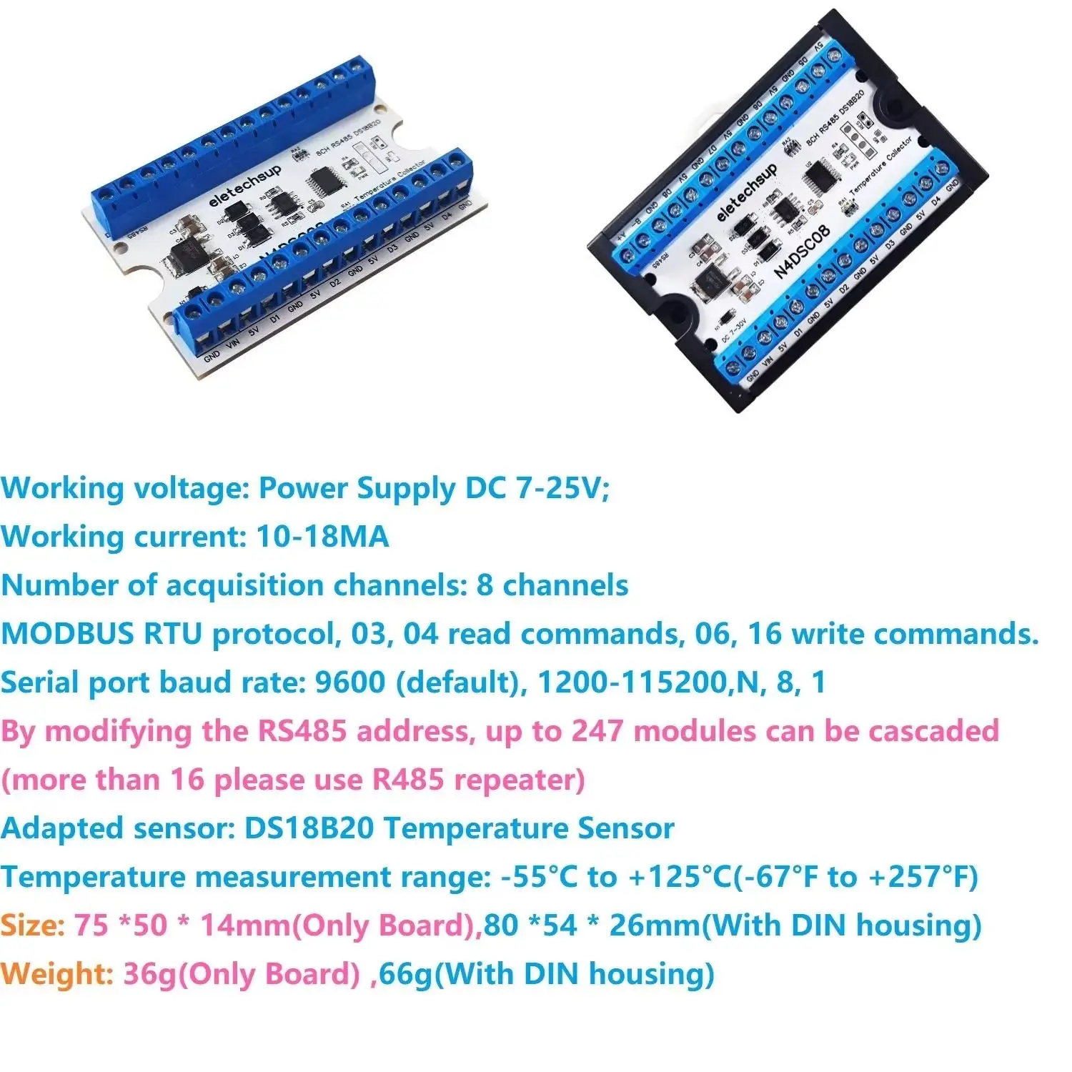 

8-канальный датчик RS485 DS18B20, коллектор температуры Modbus, модуль удаленного ввода-вывода для ПЛК, безбумажный регистратор, термостатические управления